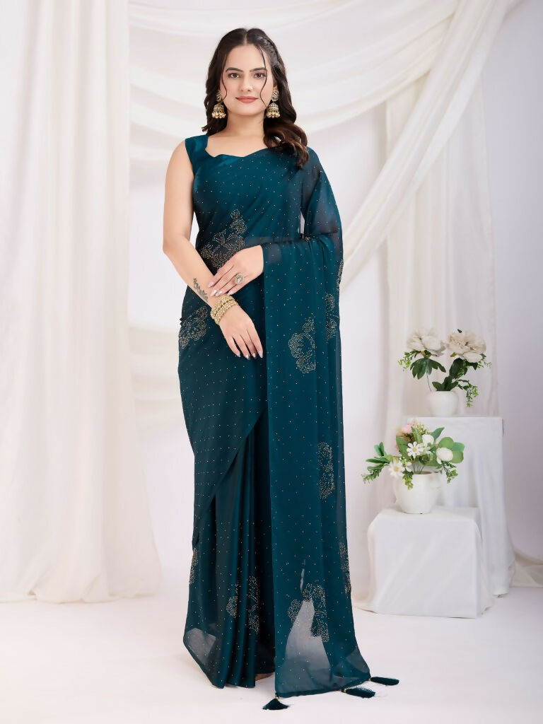 Teal Blue Rangoli Silk Diamond Work Ready To Wear Saree - Tamana | Grocsy