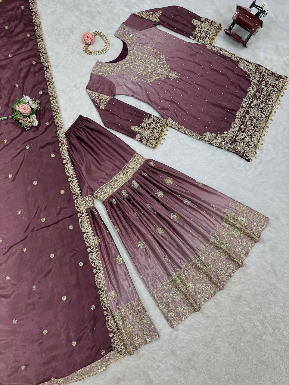 The52 Women's Beautiful Chinon silk Fabric Embroidery Work Straight Kurta Palazzo and Dupatta Set | Grocsy