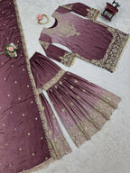 The52 Women's Beautiful Chinon silk Fabric Embroidery Work Straight Kurta Palazzo and Dupatta Set | Grocsy
