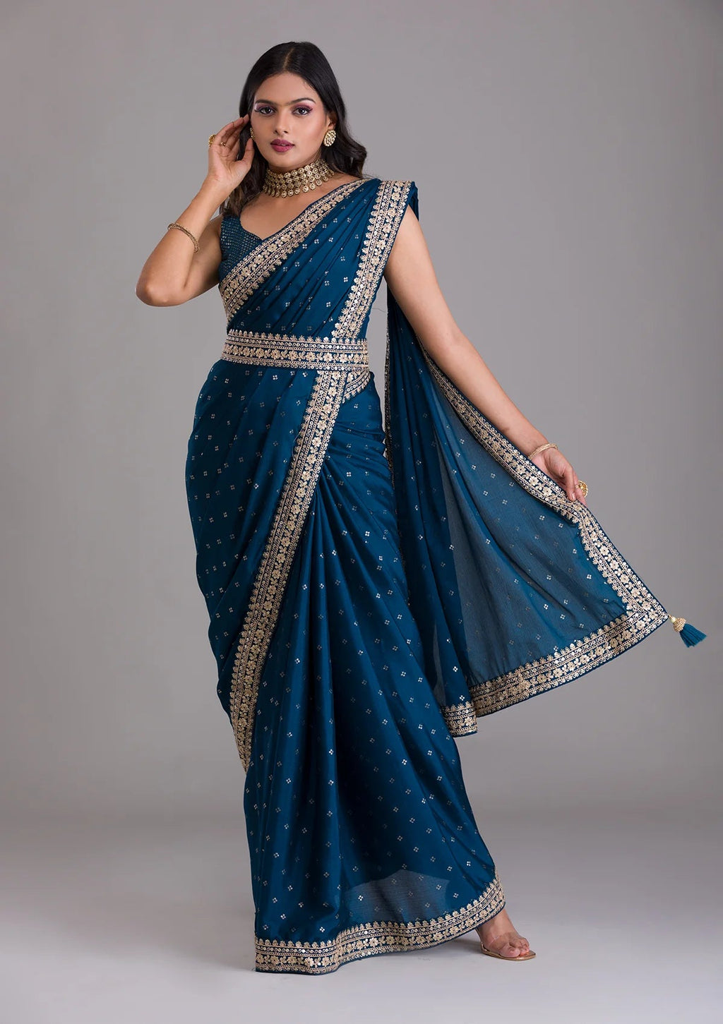 Teeya Creation Petrol Color Chinnon Silk Heavy Embroidery Work Saree | Grocsy