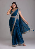 Teeya Creation Petrol Color Chinnon Silk Heavy Embroidery Work Saree | Grocsy