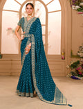 Teeya Creation Petrol Color Chinnon Silk Heavy Embroidery Work Saree | Grocsy