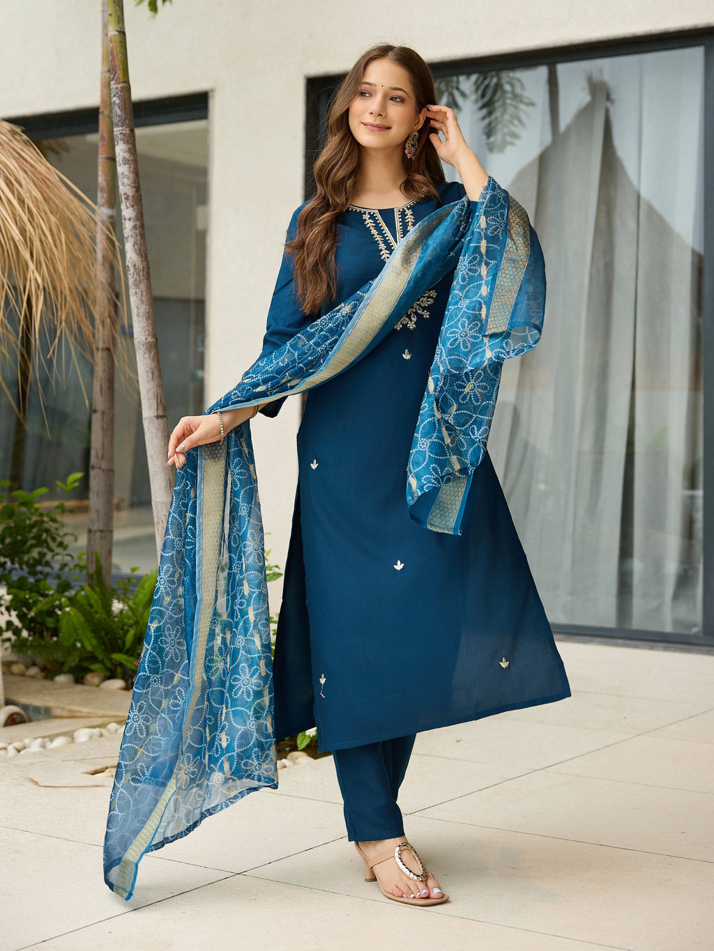 The52 Beautiful Embroidery Work with Rayon Fabric Straight Kurta, Pant and Dupatta Set | Grocsy