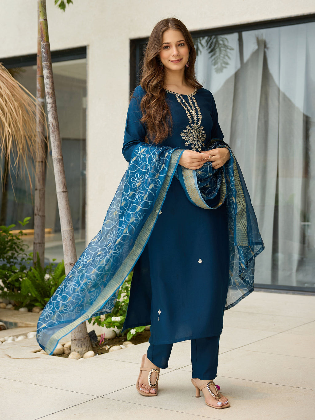 The52 Beautiful Embroidery Work with Rayon Fabric Straight Kurta, Pant and Dupatta Set | Grocsy
