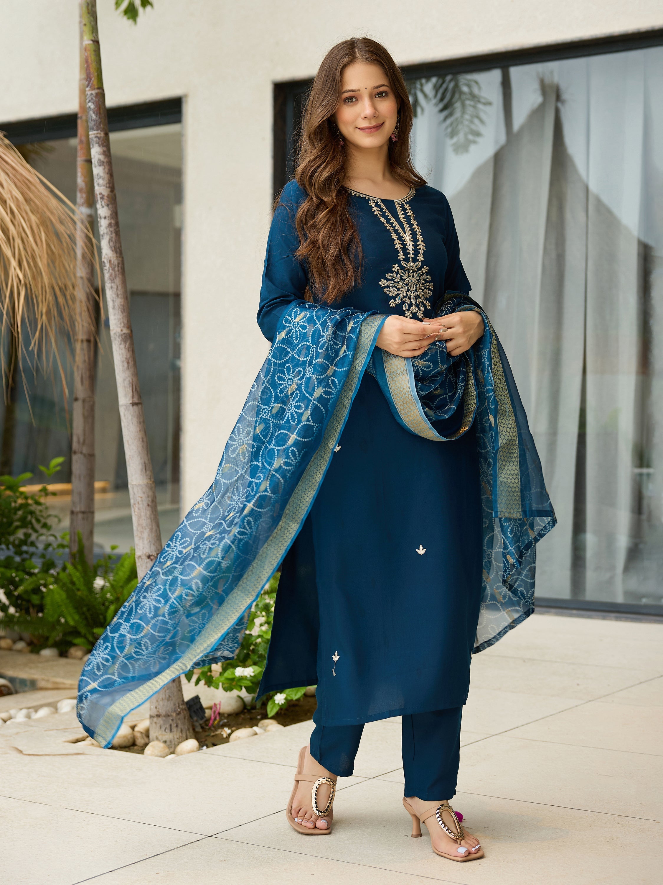The52 Beautiful Embroidery Work with Rayon Fabric Straight Kurta, Pant and Dupatta Set | Grocsy