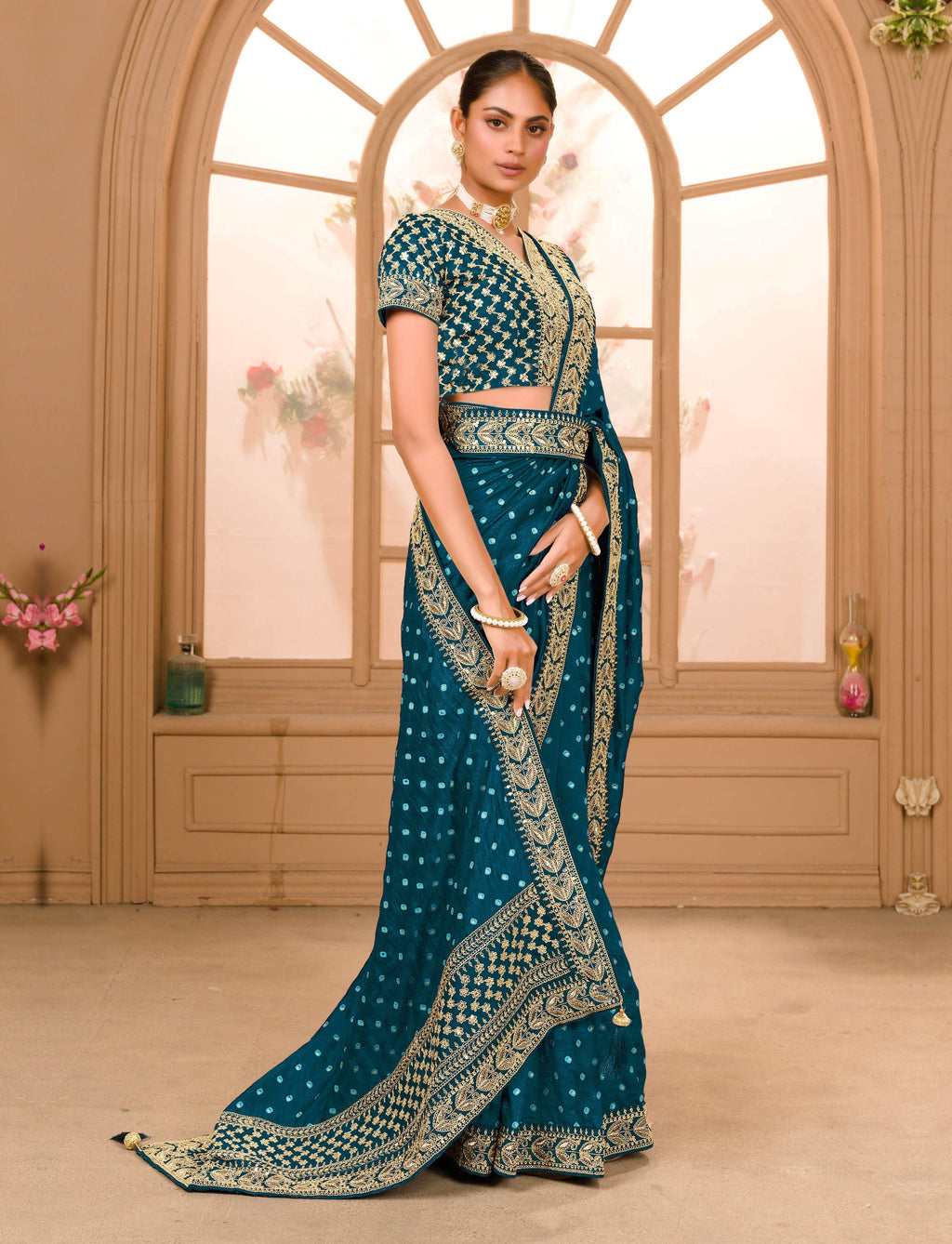 Teeya Creation Petrol Color Chinnon Silk Heavy Embroidery Work Saree | Grocsy