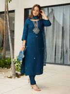 The52 Beautiful Embroidery Work with Rayon Fabric Straight Kurta, Pant and Dupatta Set | Grocsy