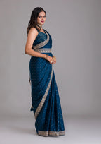 Teeya Creation Petrol Color Chinnon Silk Heavy Embroidery Work Saree | Grocsy