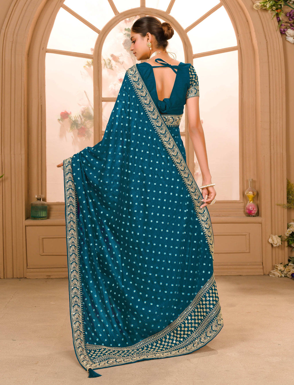 Teeya Creation Petrol Color Chinnon Silk Heavy Embroidery Work Saree | Grocsy