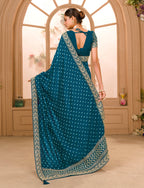 Teeya Creation Petrol Color Chinnon Silk Heavy Embroidery Work Saree | Grocsy