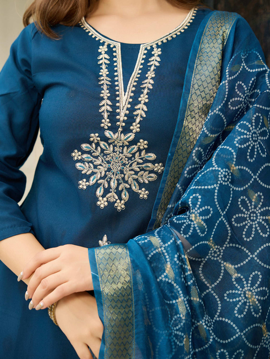 The52 Beautiful Embroidery Work with Rayon Fabric Straight Kurta, Pant and Dupatta Set | Grocsy