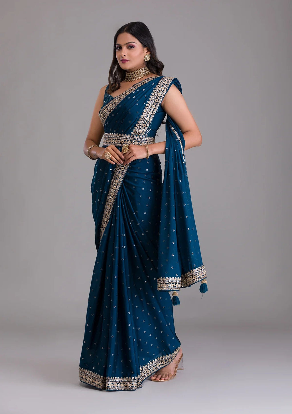 Teeya Creation Petrol Color Chinnon Silk Heavy Embroidery Work Saree | Grocsy
