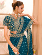Teeya Creation Petrol Color Chinnon Silk Heavy Embroidery Work Saree | Grocsy