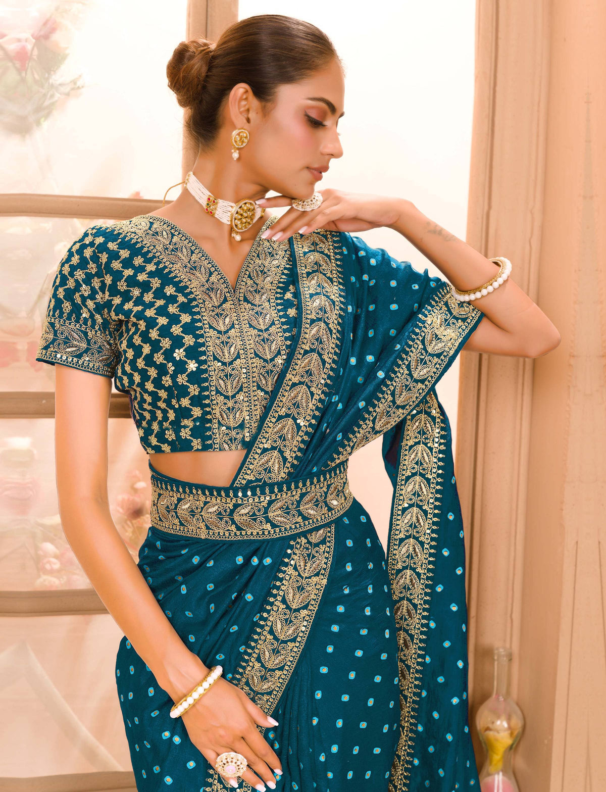 Teeya Creation Petrol Color Chinnon Silk Heavy Embroidery Work Saree | Grocsy