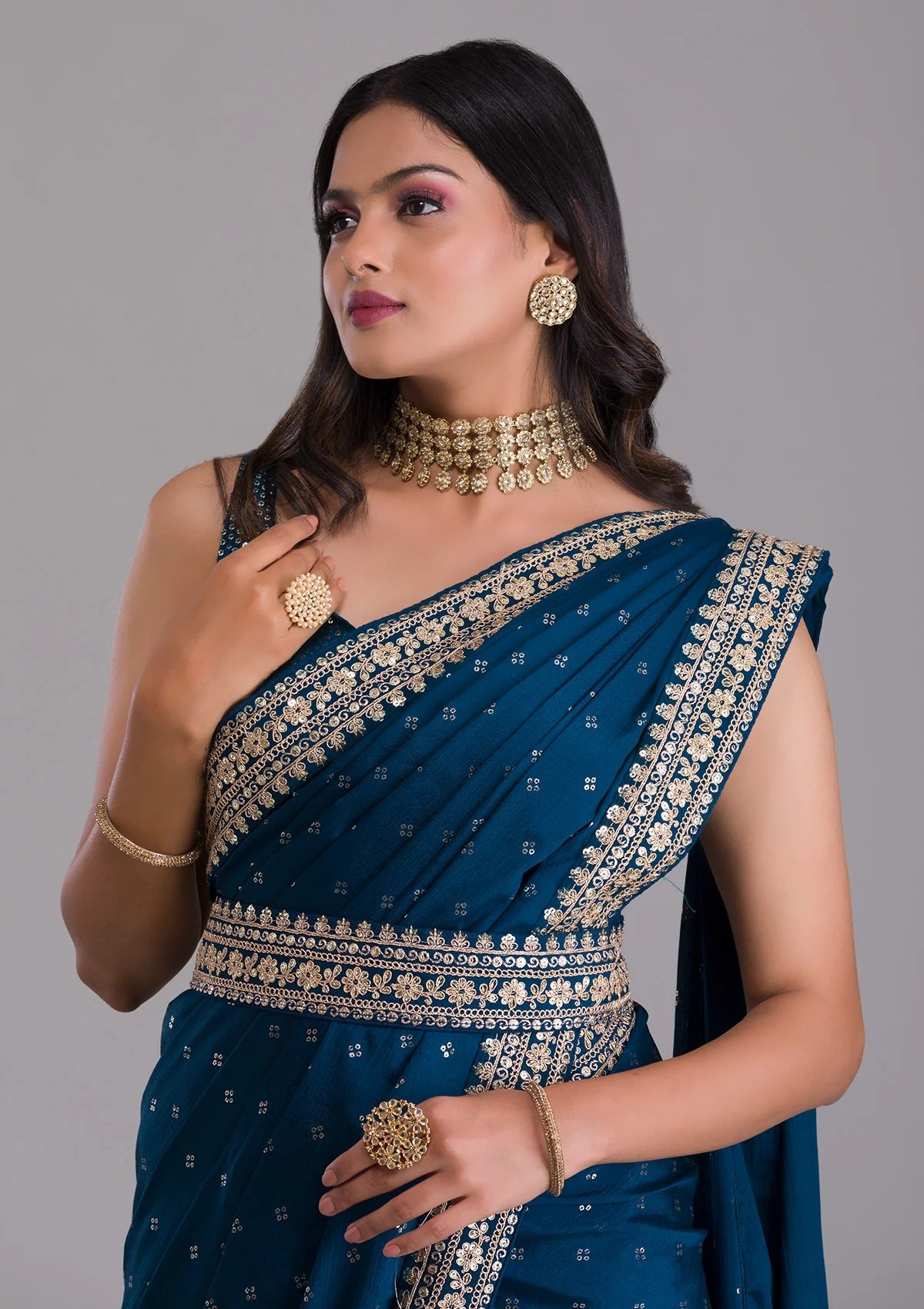 Teeya Creation Petrol Color Chinnon Silk Heavy Embroidery Work Saree | Grocsy