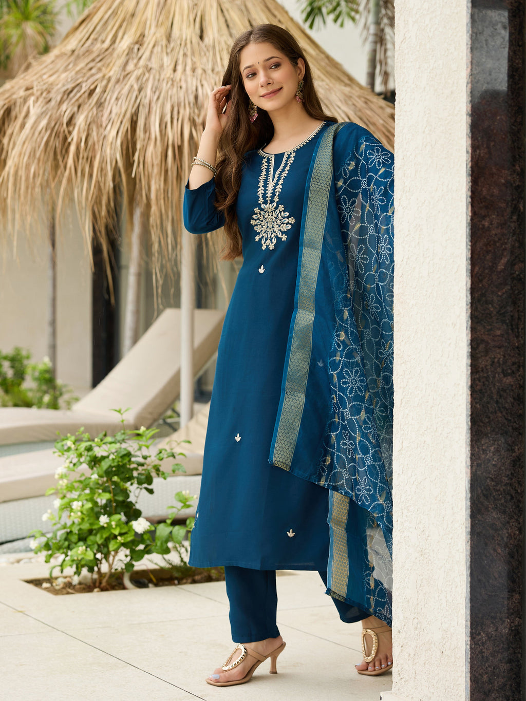 The52 Beautiful Embroidery Work with Rayon Fabric Straight Kurta, Pant and Dupatta Set | Grocsy