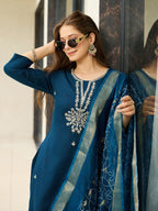 The52 Beautiful Embroidery Work with Rayon Fabric Straight Kurta, Pant and Dupatta Set | Grocsy
