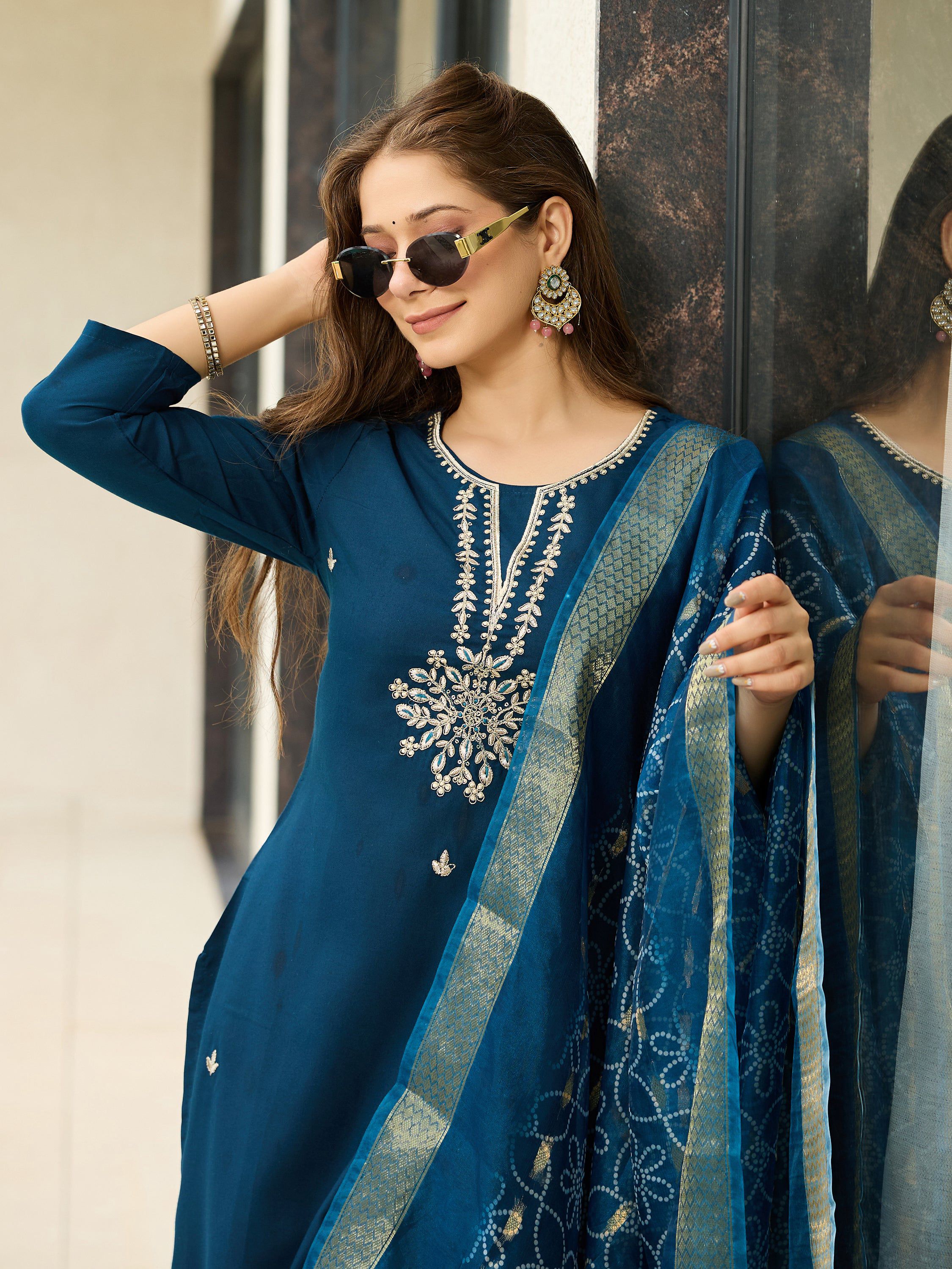 The52 Beautiful Embroidery Work with Rayon Fabric Straight Kurta, Pant and Dupatta Set | Grocsy