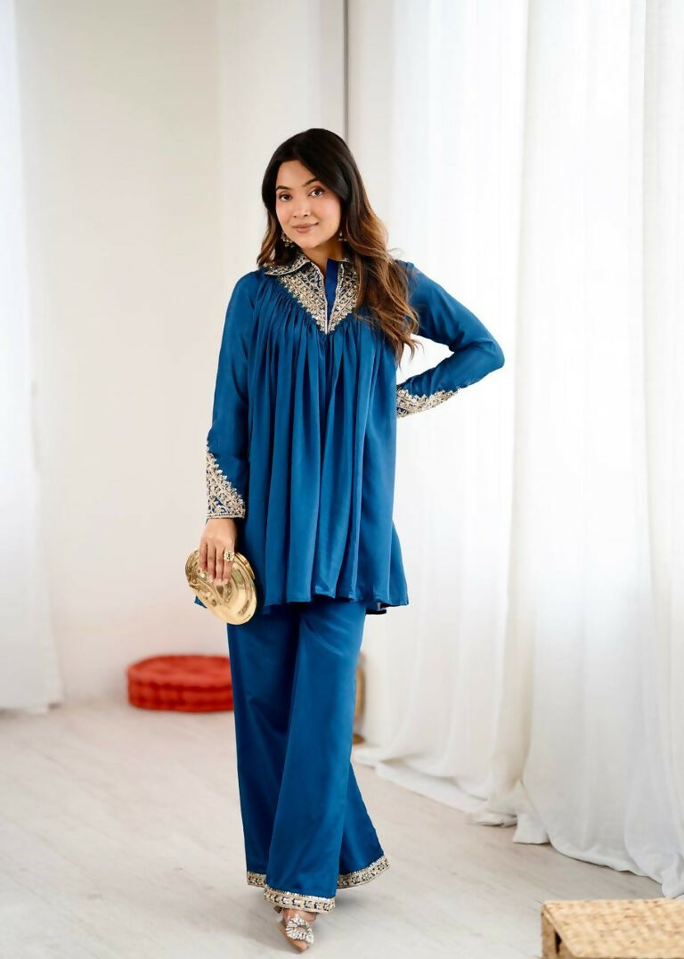 Teeya Creation Blue Heavy Chinnon Silk Embroidery Work Plazo pair | Grocsy
