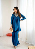 Teeya Creation Blue Heavy Chinnon Silk Embroidery Work Plazo pair | Grocsy