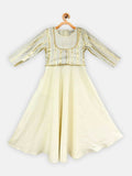Ahalyaa Cream Crepe Gold Foil Printed Kids Kurta with Jacket For Girls | Grocsy