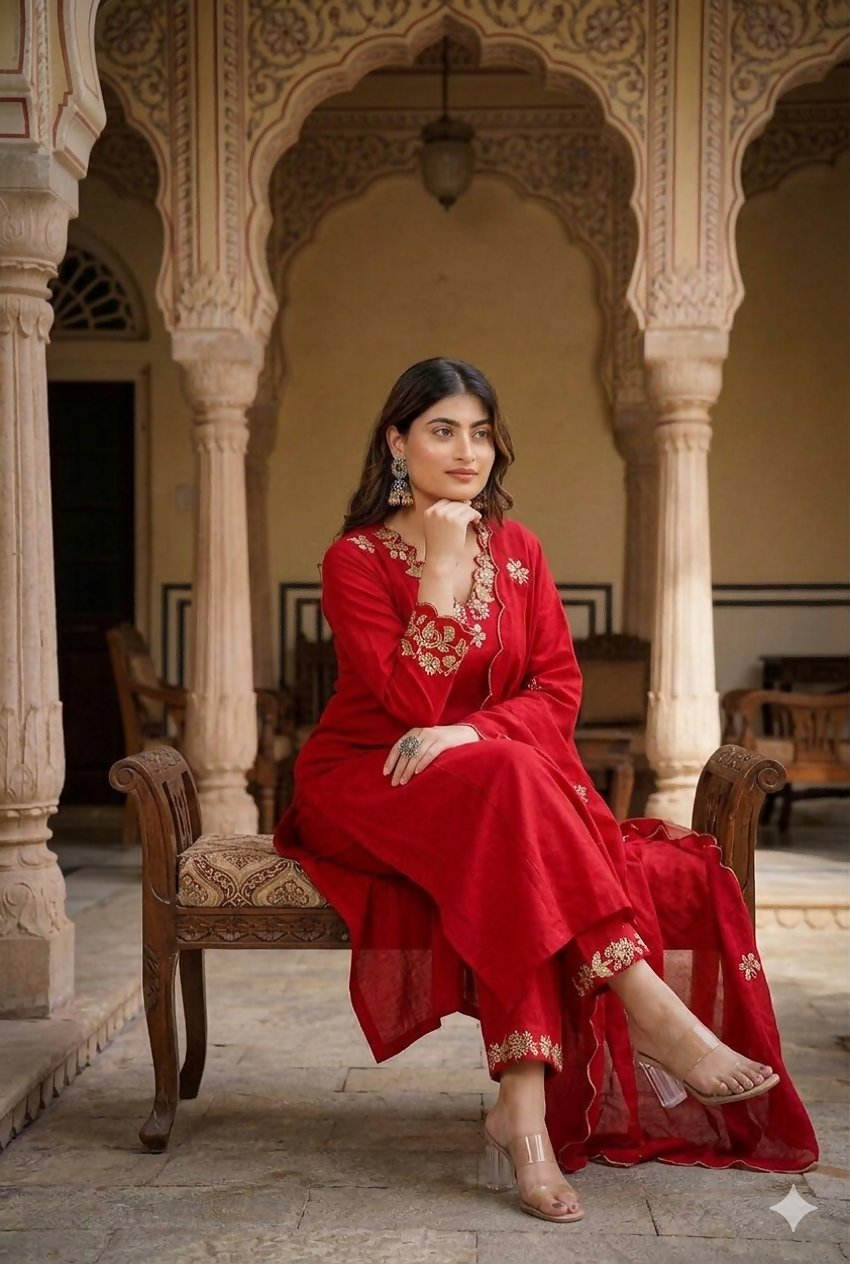 Teeya Creation Designer Red Ethnic Suit Set With Floral Hand-Embroidered Borders Dupatta | Grocsy