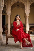 Teeya Creation Designer Red Ethnic Suit Set With Floral Hand-Embroidered Borders Dupatta | Grocsy