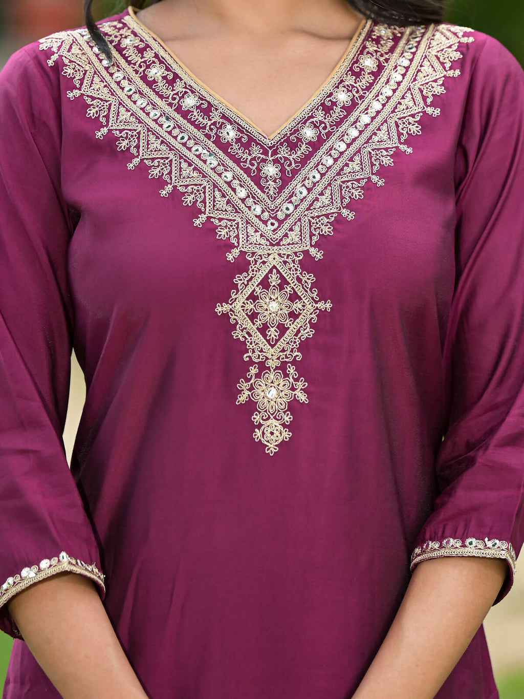 Juniper Women's Wine Solid Viscose Kurta Pant With Dupatta Set With Zari & Mirror Embroidery | Grocsy