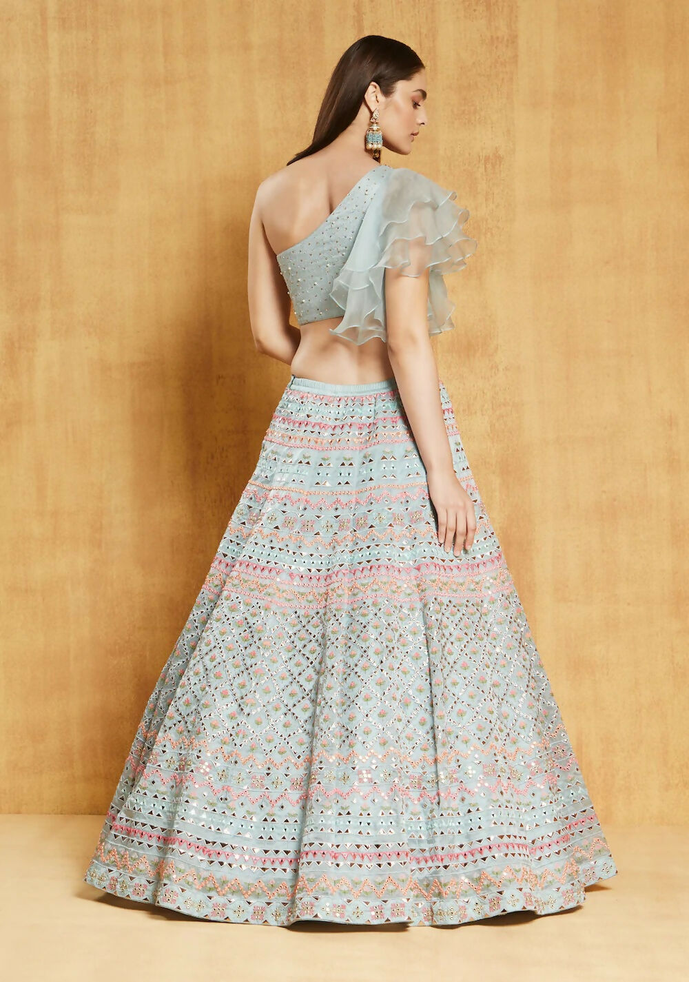 Jyoti Fashion Light Turquoise Thread, Zari and Paper Mirror Embroidered Organza One Shoulder Bridal Lehenga Choli | Grocsy