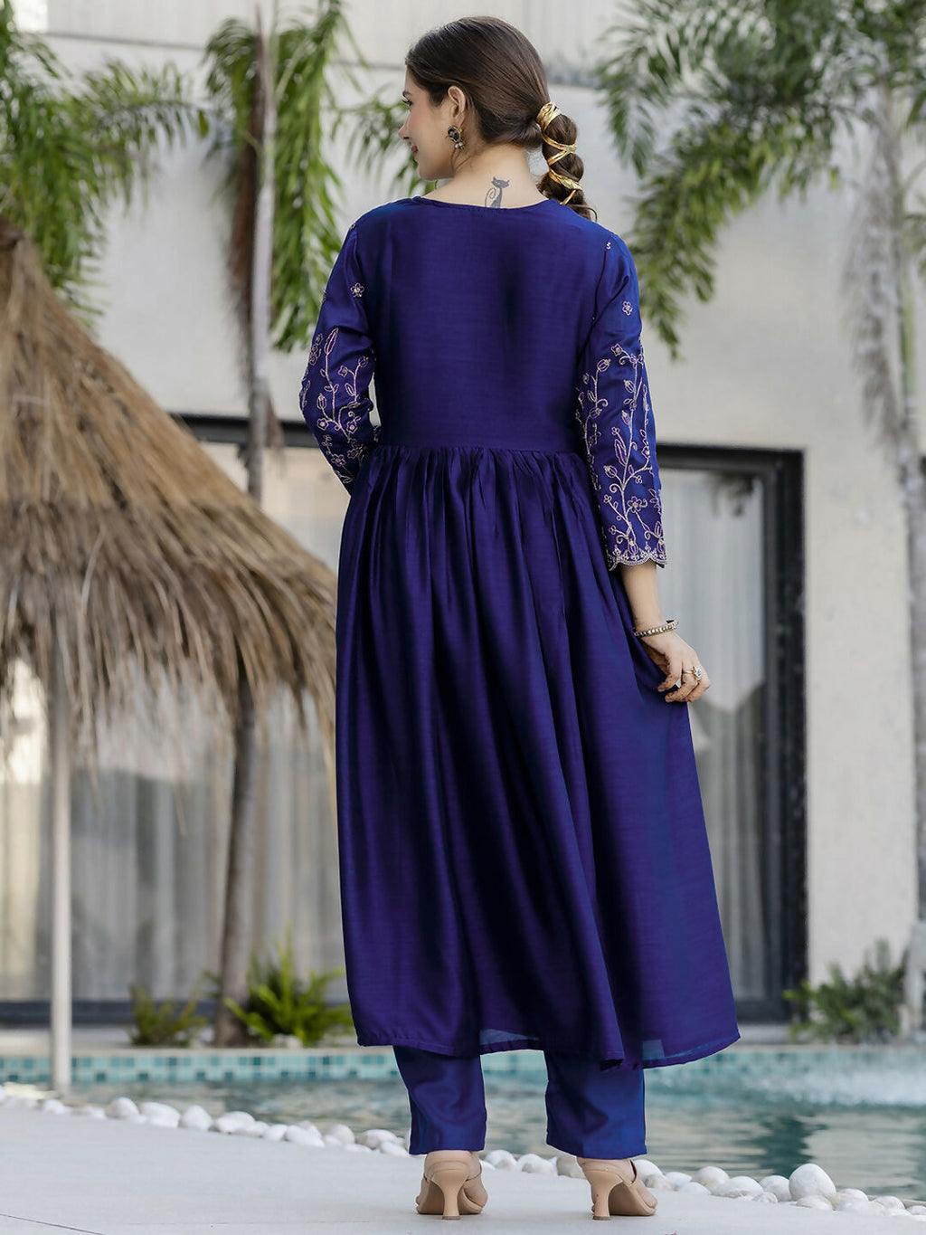 The52 Blue Women's Beautiful Embroidered Vichitra Silk Fabric with Flared Kurta, Pant and Dupatta Set | Grocsy