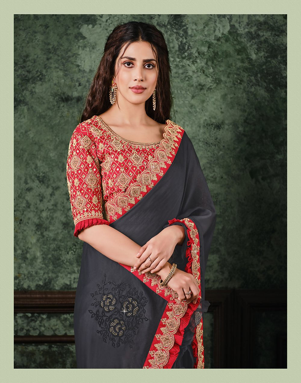 Grey Silk Georgettecord And Sequins Embroidery Saree - Norita Hit | Grocsy