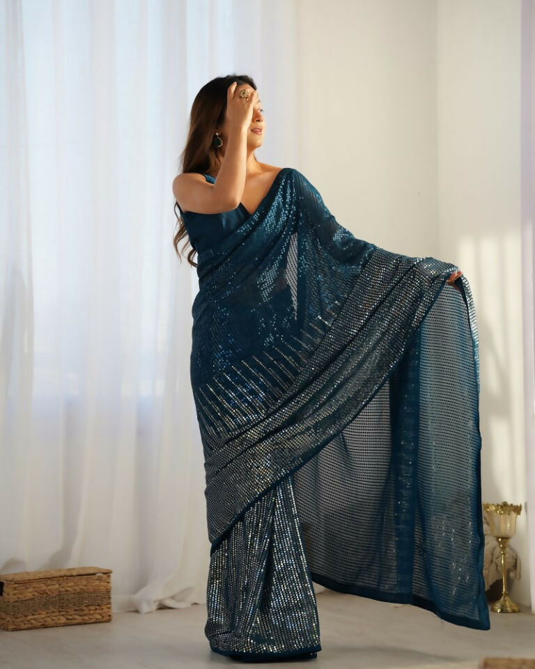 Petrol Georgette Designer Sequence Embroidery Work Saree - Sitare | Grocsy