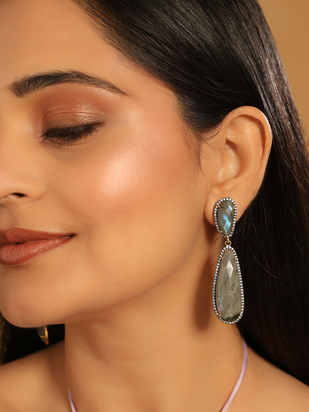 Nuyug 22K Gold Plated Labradorite Stone Contemporary Drop Earrings | Grocsy