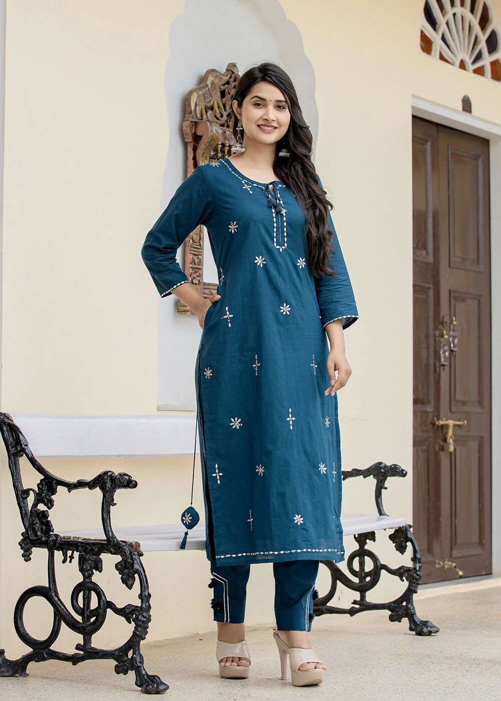 Kaajh Women's Navy Blue Mirror Embellished Cotton Suit Set | Grocsy