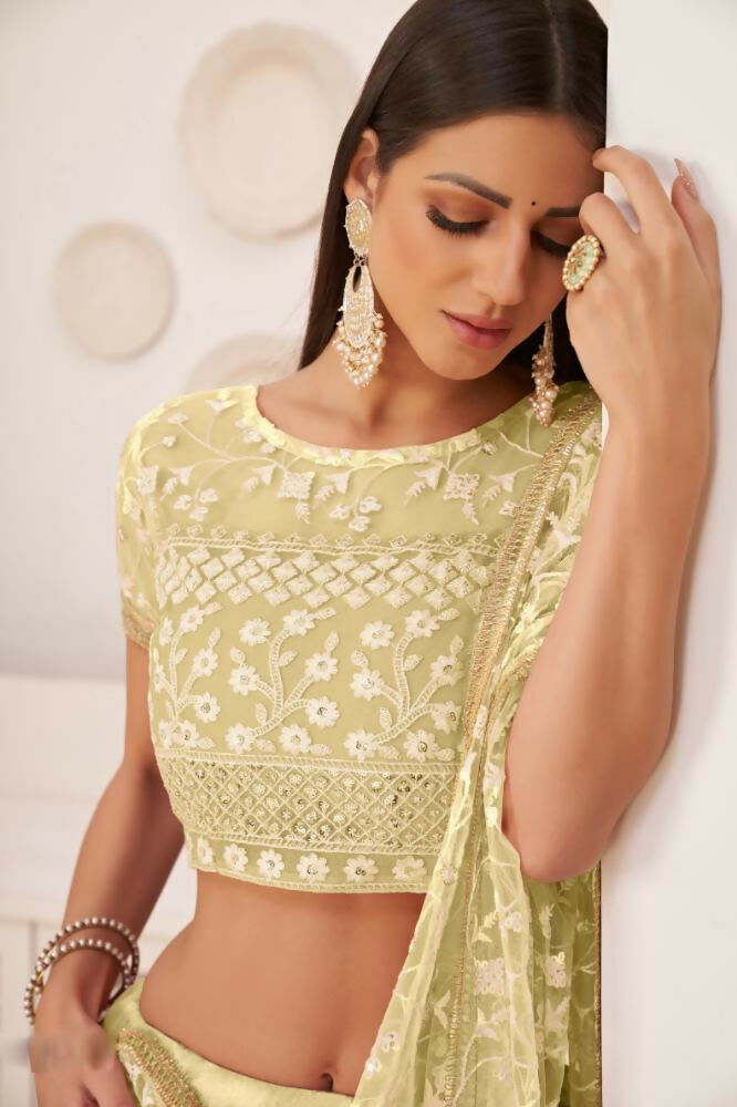 Aastha Fashion Lemon Yellow Butterfly Net White Cotton Thread Work, Zari Work And Sandwich Sequence Work Embroidery Wedding Wear Lehenga Choli | Grocsy