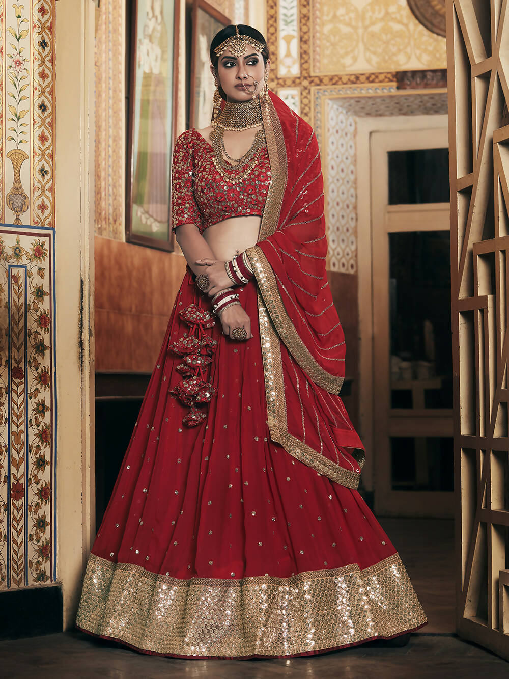 Wedding Designer Sequene Zari Resham Embroidery Red Georgette Lahengha Choli - Anbazaar | Grocsy