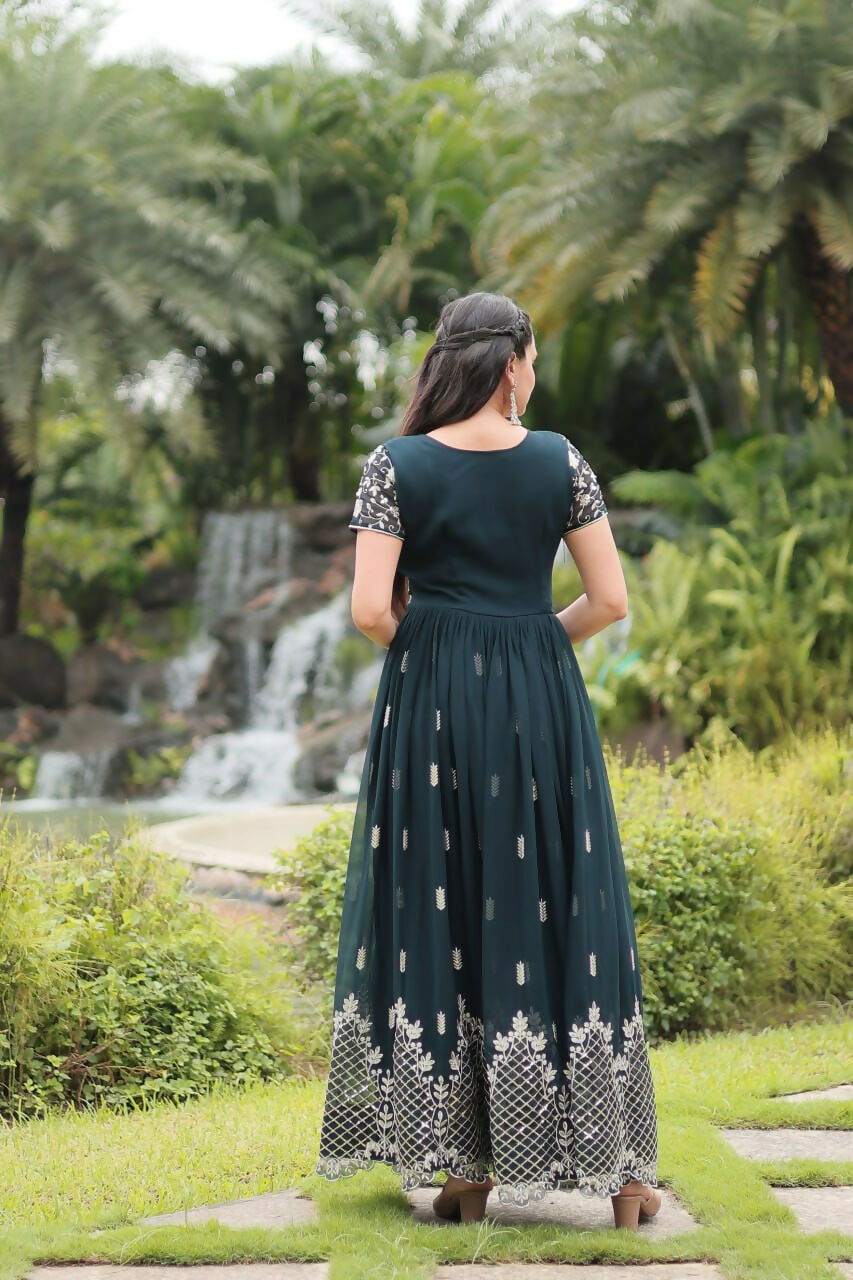 Vastranavya Premium Designer Faux Blooming with Embroidery Zari Sequins work Gown - Teal | Grocsy