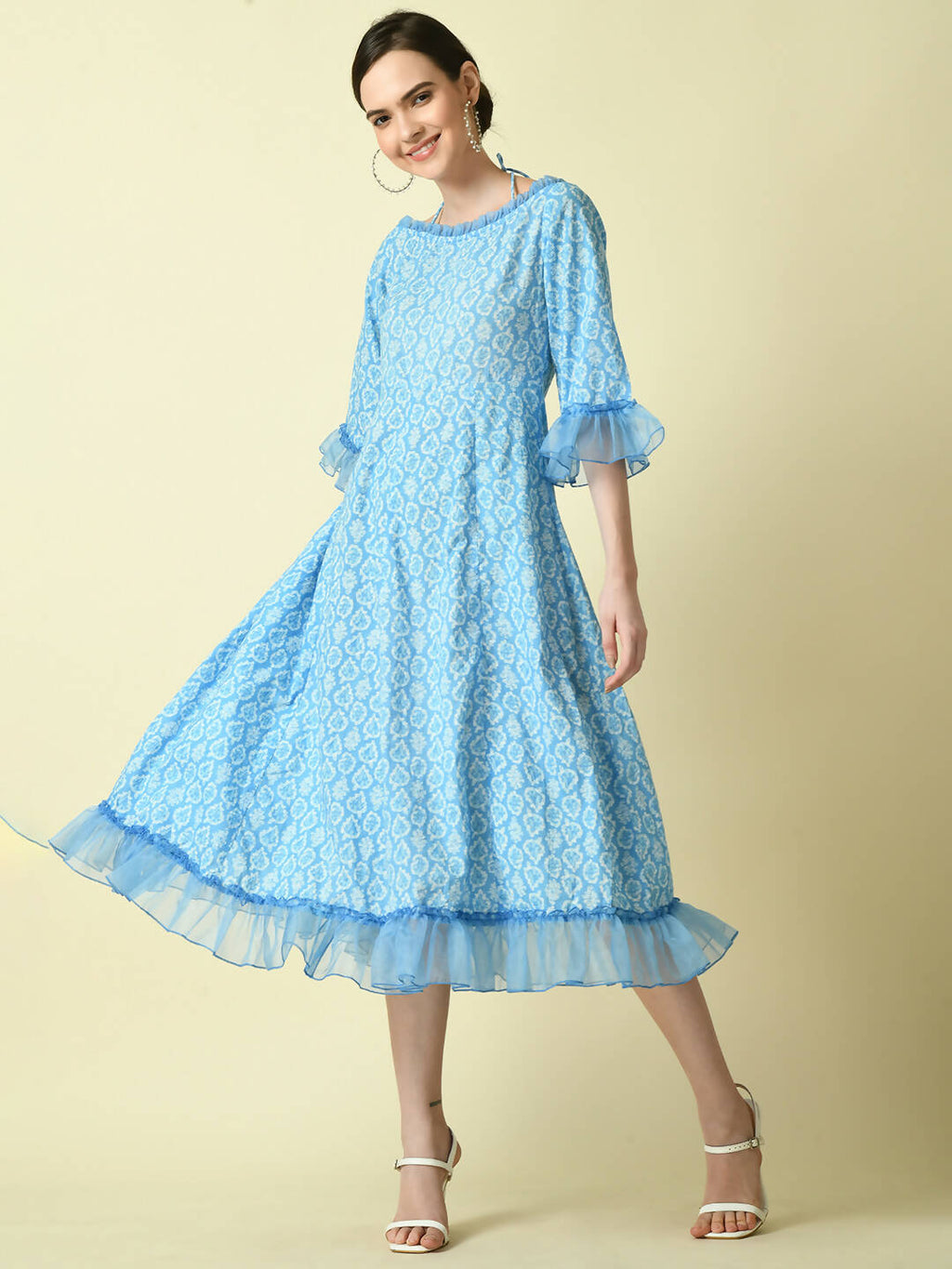 Myshka Women's Blue Empire Printed Dress | Grocsy