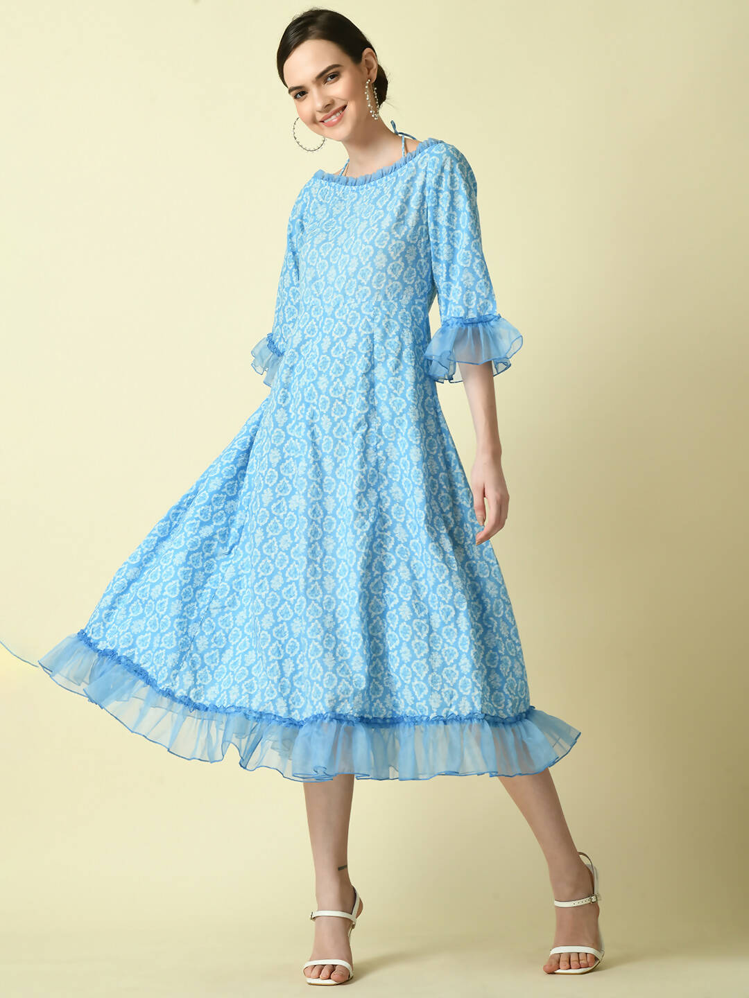 Myshka Women's Blue Empire Printed Dress | Grocsy