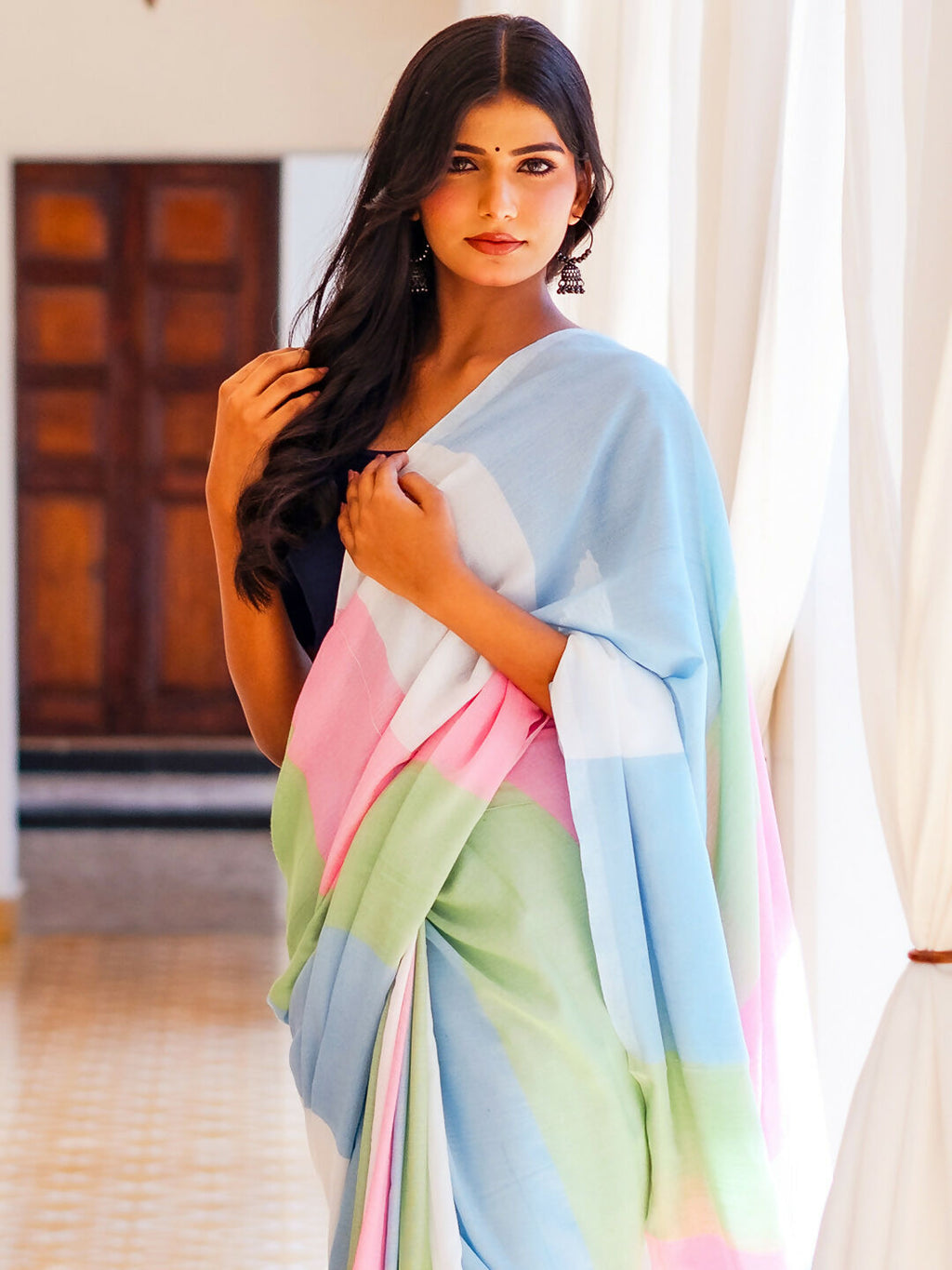 Zibaa Hand-Dyed Mul Cotton Multi-color Saree with Tassels | Grocsy