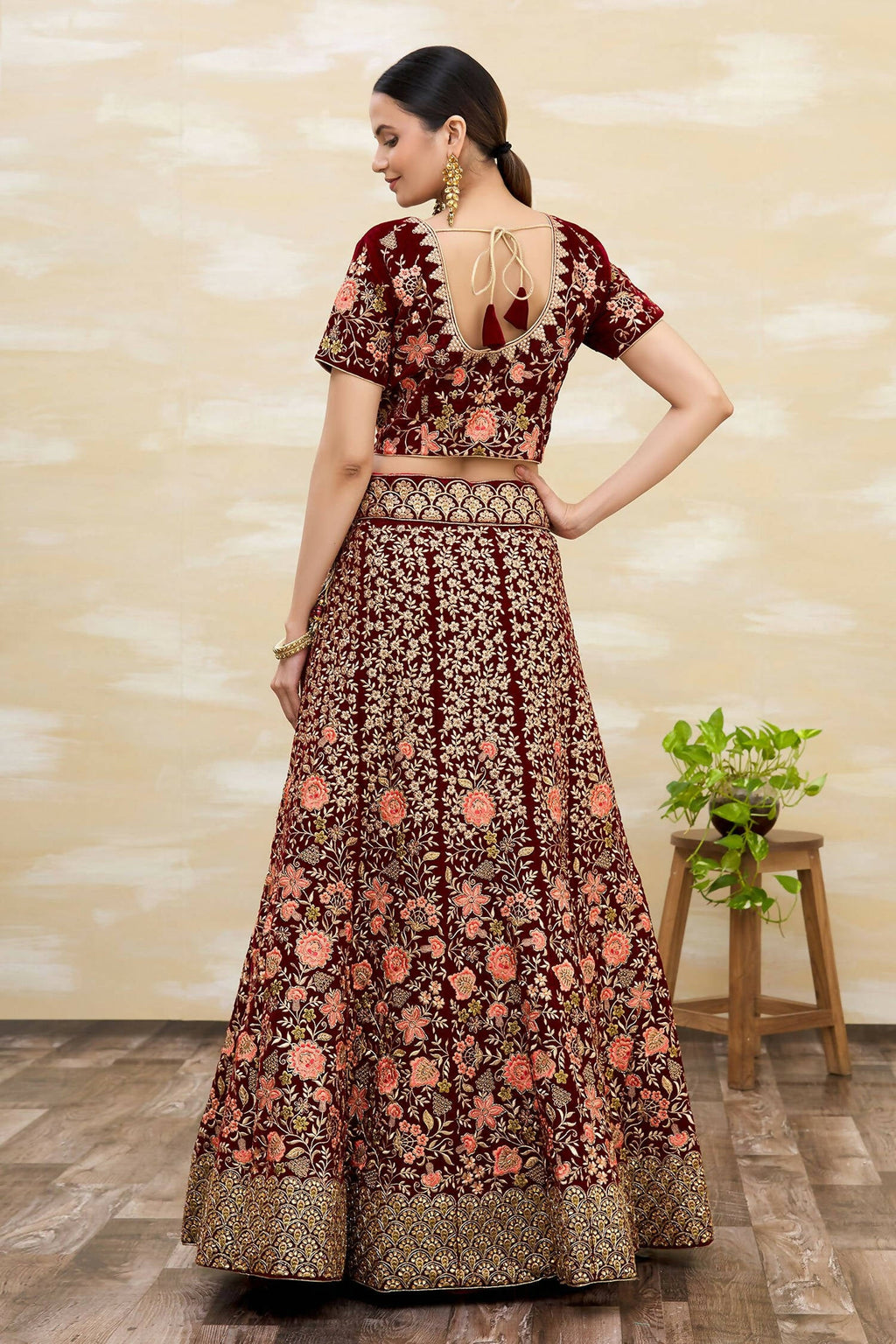 Maroon Velvet Semi-Stitched Wedding Bridal Lehenga - Nimaya | Grocsy