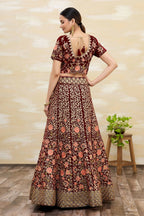 Maroon Velvet Semi-Stitched Wedding Bridal Lehenga - Nimaya | Grocsy