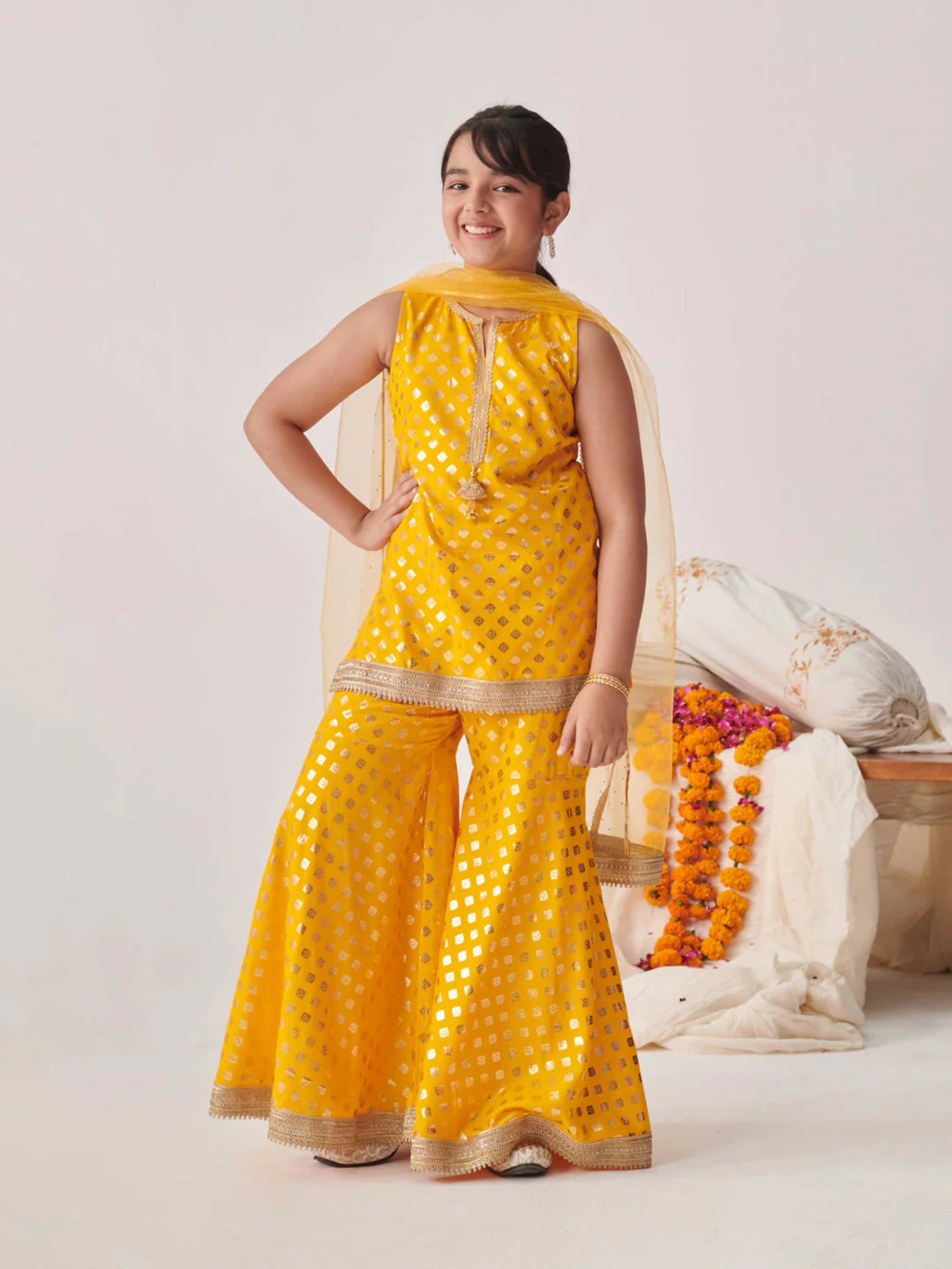 Joban Fashion Girl's Yellow Color Sharara Set | Grocsy