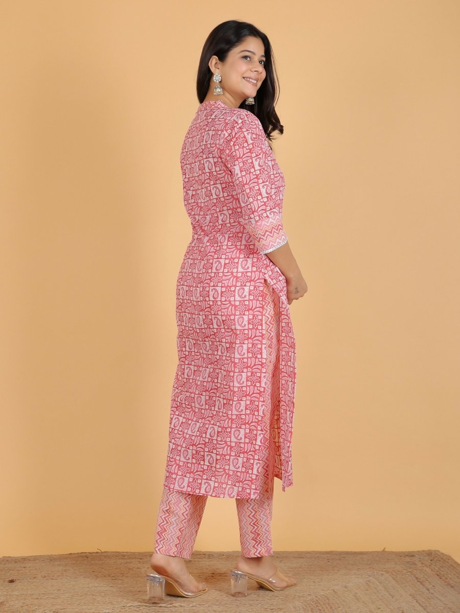 Aramya Straight Soft Cotton Abstract Print Women's Kurta Set - Pink | Grocsy