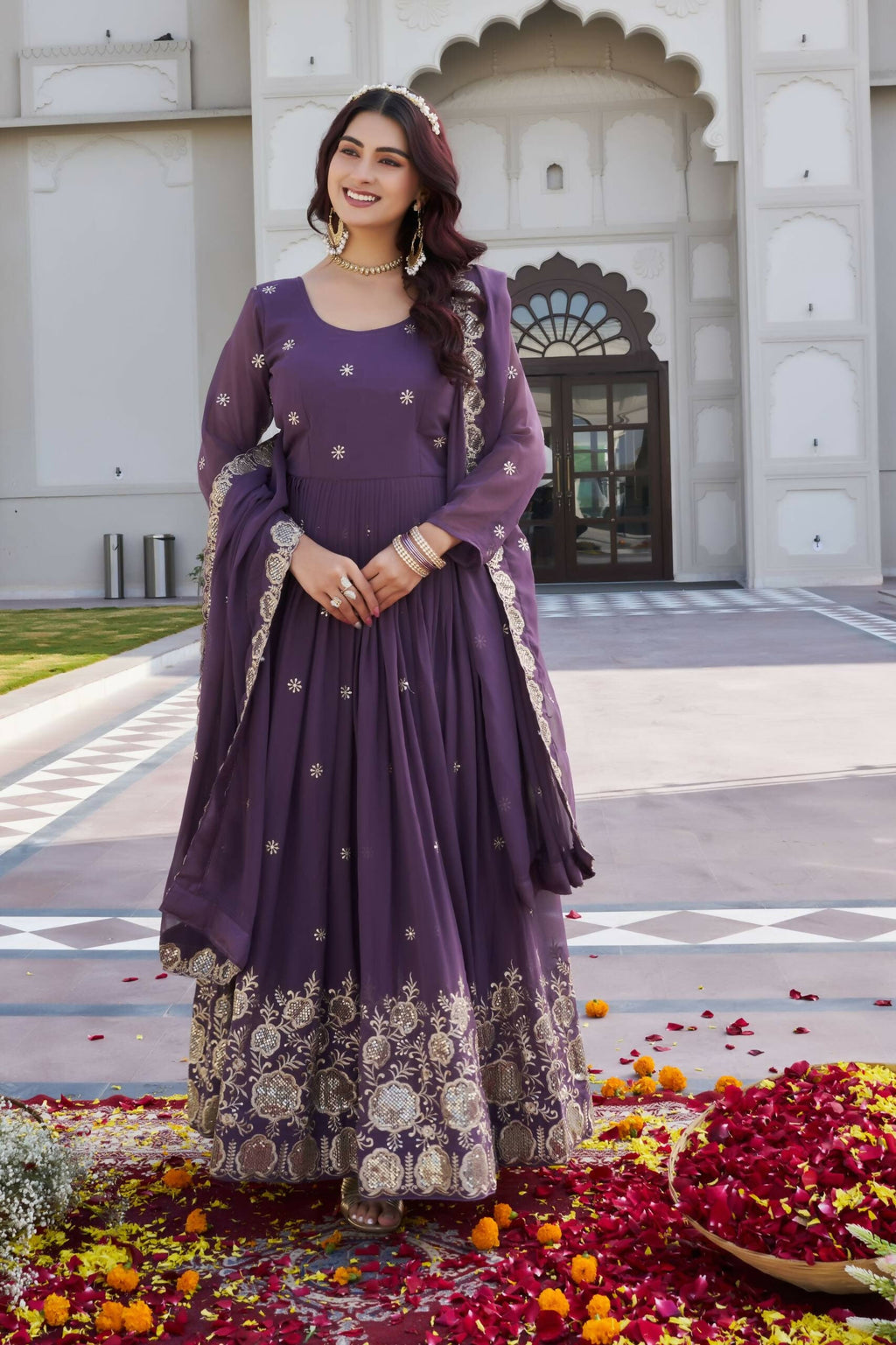 Teeya Creation Womens Wedding Wear Heavy Sequence Embroidery Work Purple Gown Set | Grocsy