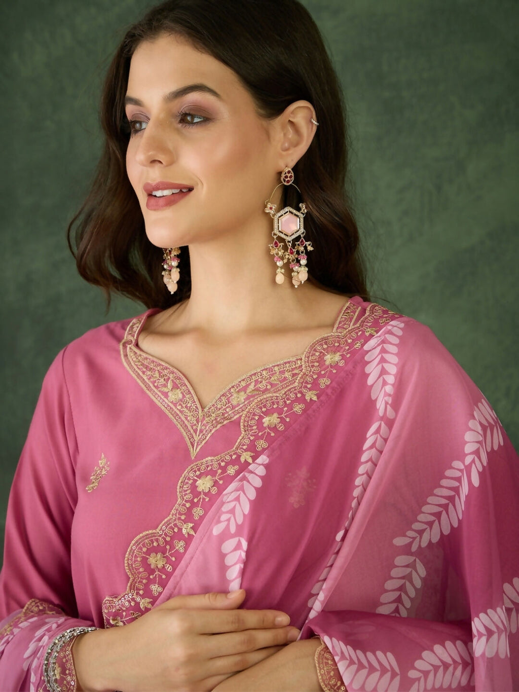 The52 Women's Beautiful Rayon Fabric Embroidery Work Straight Kurta Pant and Dupatta Set-Pink | Grocsy
