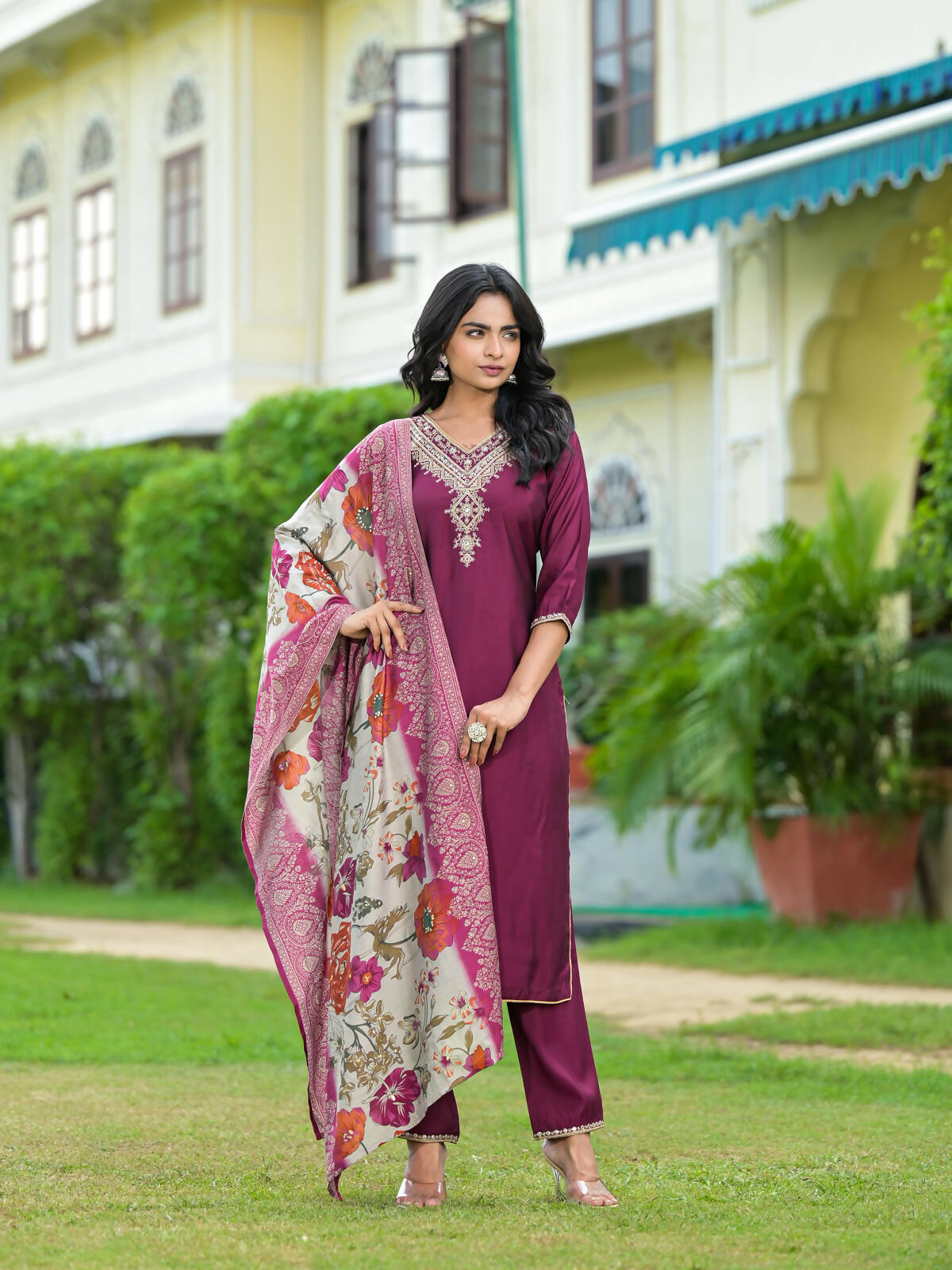 Juniper Women's Wine Solid Viscose Kurta Pant With Dupatta Set With Zari & Mirror Embroidery | Grocsy