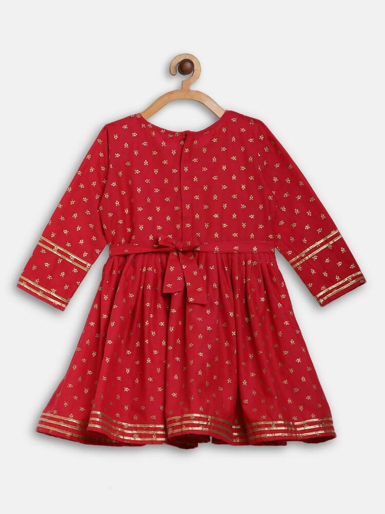 Ahalyaa Red Crepe Gold Printed Kids Kurta Sharara Set For Girls | Grocsy