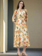 Souchii Cream Floral Chiffon Dress | Grocsy