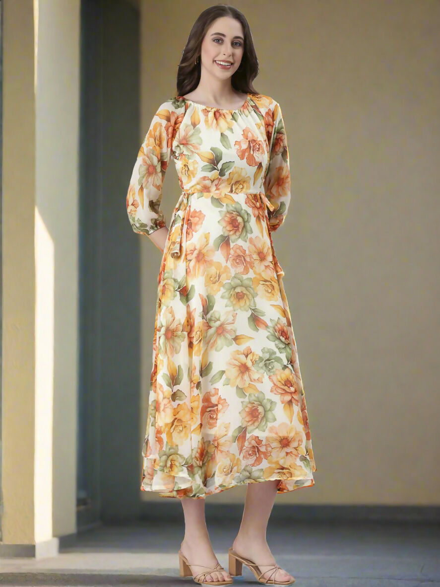 Souchii Cream Floral Chiffon Dress | Grocsy